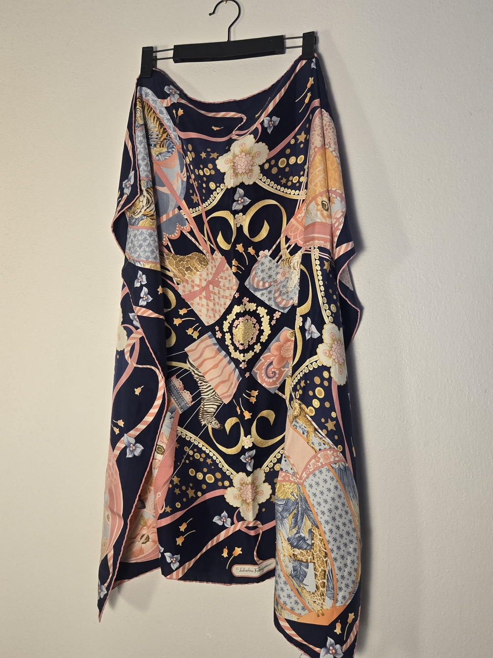Salvatore Ferragamo Navy Silk Scarf with Pink & Gold Motifs Hot Air Balloon